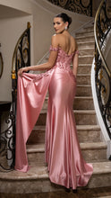 Load image into Gallery viewer, Wholesale Off-Shoulder Sequin Appliqué Satin Evening Gown Formal Dress By LA2179