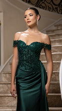 Load image into Gallery viewer, Wholesale Off-Shoulder Sequin Appliqué Satin Evening Gown Formal Dress By LA2179