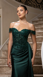 Wholesale Off-Shoulder Sequin Appliqué Satin Evening Gown Formal Dress By LA2179