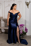 Load image into Gallery viewer, Wholesale Off-Shoulder Sequin Appliqué Satin Evening Gown Formal Dress By LA2179 - NAVY - Prom Dress LA Merchandise