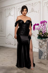Load image into Gallery viewer, Wholesale Plus Size Off Shoulder Satin Mermaid Evening Gown with Lace Corset Bodice by LA2181B - BLACK - Prom Dress LA Merchandise