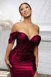 Load image into Gallery viewer, Wholesale Off-Shoulder Satin Corset Evening Gown with Embellished Lace Appliqué &amp; High Slit by LA2181 - - Prom Dress LA Merchandise