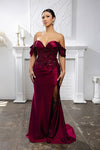 Load image into Gallery viewer, Wholesale Off-Shoulder Satin Corset Evening Gown with Embellished Lace Appliqué &amp; High Slit by LA2181 - BURGUNDY - Prom Dress LA Merchandise