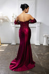 Load image into Gallery viewer, Wholesale Off-Shoulder Satin Corset Evening Gown with Embellished Lace Appliqué &amp; High Slit by LA2181 - - Prom Dress LA Merchandise