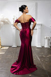 Load image into Gallery viewer, Wholesale Off-Shoulder Satin Corset Evening Gown with Embellished Lace Appliqué &amp; High Slit by LA2181 - - Prom Dress LA Merchandise