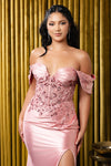 Load image into Gallery viewer, Wholesale Off-Shoulder Satin Corset Evening Gown with Embellished Lace Appliqué &amp; High Slit by LA2181 - - Prom Dress LA Merchandise