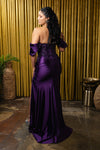Load image into Gallery viewer, Wholesale Off-Shoulder Satin Corset Evening Gown with Embellished Lace Appliqué &amp; High Slit by LA2181 - - Prom Dress LA Merchandise