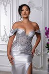 Load image into Gallery viewer, Wholesale Plus Size Off Shoulder Satin Mermaid Evening Gown with Lace Corset Bodice by LA2181B - - Prom Dress LA Merchandise