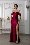 Load image into Gallery viewer, Wholesale Off-Shoulder Satin Evening Gown with Slit &amp; Corset Back Formal Prom Dress By LA2182