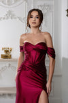 Load image into Gallery viewer, Wholesale Off-Shoulder Satin Evening Gown with Slit &amp; Corset Back Formal Prom Dress By LA2182