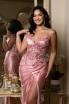 Load image into Gallery viewer, Satin Corset Evening Prom Dress with Slit and Lace-Up Back By LA2183
