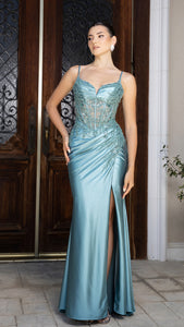 Satin Corset Evening Prom Dress with Slit and Lace-Up Back By LA2183