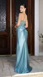 Satin Corset Evening Prom Dress with Slit and Lace-Up Back By LA2183