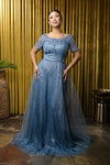 Load image into Gallery viewer, Wholesale Beaded Short Sleeve Mother of the Bride Gown with V-Back Floor Length by LA2185 - DUSTYBLUE - Mother of the Bride Dress LA Merchandise