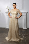 Load image into Gallery viewer, Wholesale Beaded Short Sleeve Mother of the Bride Gown with V-Back Floor Length by LA2185 - Gold - Mother of the Bride Dress LA Merchandise