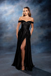 Load image into Gallery viewer, Wholesale Off Shoulder Satin Dress with High Slit Pockets &amp; Corset Lace-Up Back by LA2187 - BLACK - Prom Dress LA Merchandise