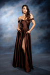 Load image into Gallery viewer, Wholesale Off Shoulder Satin Dress with High Slit Pockets &amp; Corset Lace-Up Back by LA2187 - BROWN - Prom Dress LA Merchandise