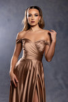 Load image into Gallery viewer, Wholesale Off Shoulder Satin Dress with High Slit Pockets &amp; Corset Lace-Up Back by LA2187 - CAPPUCCINO - Prom Dress LA Merchandise