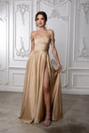 Load image into Gallery viewer, Wholesale Off Shoulder Satin Dress with High Slit Pockets &amp; Corset Lace-Up Back by LA2187 - CHAMPAGNE - Prom Dress LA Merchandise