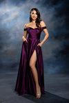 Load image into Gallery viewer, Wholesale Off Shoulder Satin Dress with High Slit Pockets &amp; Corset Lace-Up Back by LA2187 - PLUM - Prom Dress LA Merchandise