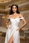 Load image into Gallery viewer, Wholesale Plus Size Off Shoulder Satin Wedding Dress with High Slit &amp; Lace-Up Back by LA2187B - - Wedding Dresses LA Merchandise