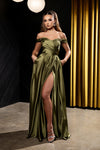Load image into Gallery viewer, Wholesale Off Shoulder Satin Dress with High Slit Pockets &amp; Corset Lace-Up Back by LA2187 - OLIVE - Prom Dress LA Merchandise