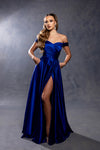 Load image into Gallery viewer, Wholesale Plus Size Off-Shoulder Satin Dress with High Slit &amp; Pockets by LA2187B - ROYAL - Prom Dress LA Merchandise