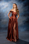 Load image into Gallery viewer, Wholesale Off Shoulder Satin Dress with High Slit Pockets &amp; Corset Lace-Up Back by LA2187 - - Prom Dress LA Merchandise