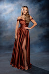 Load image into Gallery viewer, Wholesale Off Shoulder Satin Dress with High Slit Pockets &amp; Corset Lace-Up Back by LA2187 - SIENNA - Prom Dress LA Merchandise
