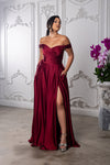 Load image into Gallery viewer, Wholesale Plus Size Off-Shoulder Satin Dress with High Slit &amp; Pockets by LA2187B - BURGUNDY - Prom Dress LA Merchandise