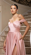 Load image into Gallery viewer, Wholesale Plus Size Off-Shoulder Satin Dress with High Slit &amp; Pockets by LA2187B - - Prom Dress LA Merchandise
