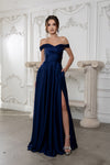 Load image into Gallery viewer, Wholesale Plus Size Off-Shoulder Satin Dress with High Slit &amp; Pockets by LA2187B - NAVY - Prom Dress LA Merchandise