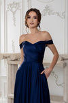 Load image into Gallery viewer, Wholesale Plus Size Off-Shoulder Satin Dress with High Slit &amp; Pockets by LA2187B - - Prom Dress LA Merchandise