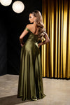 Load image into Gallery viewer, Wholesale Plus Size Off-Shoulder Satin Dress with High Slit &amp; Pockets by LA2187B - - Prom Dress LA Merchandise