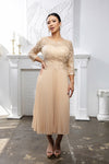 Load image into Gallery viewer, Wholesale Lace Bodice Pleated Chiffon Midi Dress 3/4 Sleeve Mother of the Bride Dress by LA2189