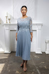 Load image into Gallery viewer, Wholesale Lace Bodice Pleated Chiffon Midi Dress 3/4 Sleeve Mother of the Bride Dress by LA2189