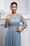 Load image into Gallery viewer, Wholesale Lace Bodice Pleated Chiffon Midi Dress 3/4 Sleeve Mother of the Bride Dress by LA2189