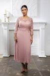 Load image into Gallery viewer, Wholesale Lace Bodice Pleated Chiffon Midi Dress 3/4 Sleeve Mother of the Bride Dress by LA2189