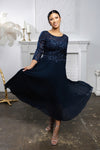Load image into Gallery viewer, Wholesale Lace Bodice Pleated Chiffon Midi Dress 3/4 Sleeve Mother of the Bride Dress by LA2189