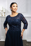 Load image into Gallery viewer, Wholesale Lace Bodice Pleated Chiffon Midi Dress 3/4 Sleeve Mother of the Bride Dress by LA2189