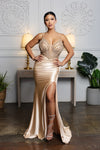 Load image into Gallery viewer, Wholesale Beaded Corset Satin Evening Gown with High Slit Spaghetti Strap Prom Dress by LA2190 - CHAMPAGNE - Prom Dresses LA Merchandise