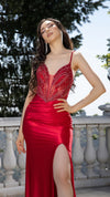 Load image into Gallery viewer, Wholesale Beaded Corset Satin Evening Gown with High Slit Spaghetti Strap Prom Dress by LA2190 - - Prom Dresses LA Merchandise