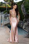 Load image into Gallery viewer, Wholesale Beaded Corset Satin Evening Gown with High Slit Spaghetti Strap Prom Dress by LA2190 - ROSEGOLD - Prom Dresses LA Merchandise