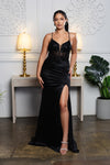 Load image into Gallery viewer, Wholesale Satin Mermaid Gown with Lace Bodice &amp; High Slit Spaghetti Strap Formal Dress by LA2194 - BLACK - Dress LA Merchandise