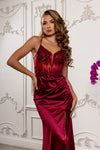 Load image into Gallery viewer, Wholesale Satin Mermaid Gown with Lace Bodice &amp; High Slit Spaghetti Strap Formal Dress by LA2194 - - Dress LA Merchandise