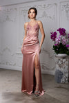 Load image into Gallery viewer, Wholesale Satin Mermaid Gown with Lace Bodice &amp; High Slit Spaghetti Strap Formal Dress by LA2194 - ROSE GOLD - Dress LA Merchandise