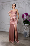 Load image into Gallery viewer, Wholesale Satin Mermaid Gown with Lace Bodice &amp; High Slit Spaghetti Strap Formal Dress by LA2194 - - Dress LA Merchandise