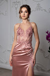 Load image into Gallery viewer, Wholesale Satin Mermaid Gown with Lace Bodice &amp; High Slit Spaghetti Strap Formal Dress by LA2194 - - Dress LA Merchandise