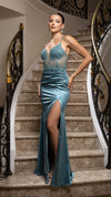 Load image into Gallery viewer, Wholesale Satin Mermaid Gown with Lace Bodice &amp; High Slit Spaghetti Strap Formal Dress by LA2194 - - Dress LA Merchandise