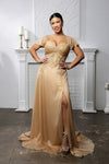 Load image into Gallery viewer, Wholesale Mother of the Bride A-Line Evening Gown with Lace Bodice &amp; Short Sleeves by LA2196 - GOLD - Mother of the Bride Dresses LA Merchandise